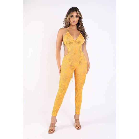 Women's Sexy Lace Cut Out Detailed Halter Jumpsuit Casual Party Club Pullover - Picture 5 of 11